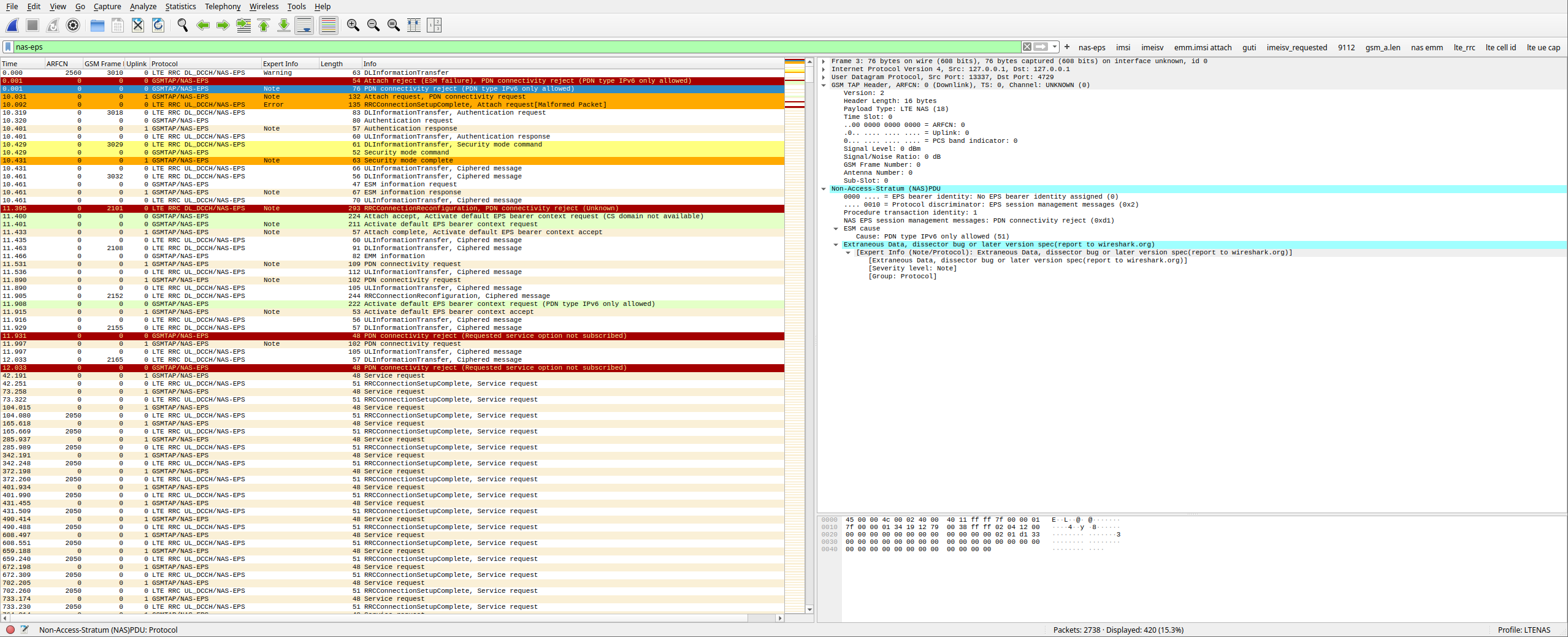 a screenshot of Wireshark with the LTENAS profile active